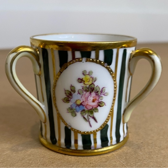 Vtg  Hand Painted Nippon Tri Handled Green and White Striped Toothpick Holder - Picture 2 of 6